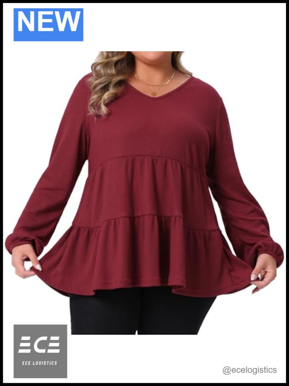 Plus Size Babydoll Top Waffle Knit V Neck Long Sleeve Ruffle Hem Peplum Blouse